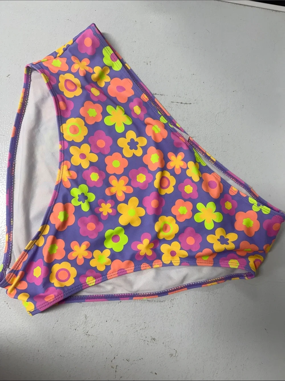 High Waisted Purple Floral Bikini Bottoms Neon Flower Print Size XL - PINK LILY
